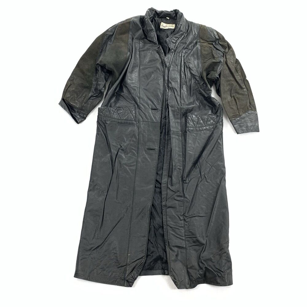 Vintage 1980s Donna Pelle Leather Trench Long Dress Coat Small Womens Black S